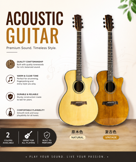 40/41 Inch Cutaway Acoustic Guitar – Solid Top, Mahogany Laminate, Natural & Vintage Finish