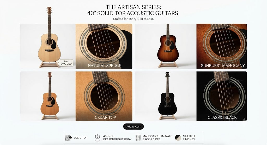 40/41 Inch Acoustic Guitar – Solid Top, Mahogany Laminate, Multiple Colors